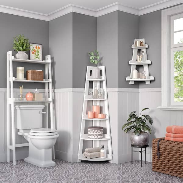 Amery 2-Tier Ladder Wall Shelf with Hooks - White