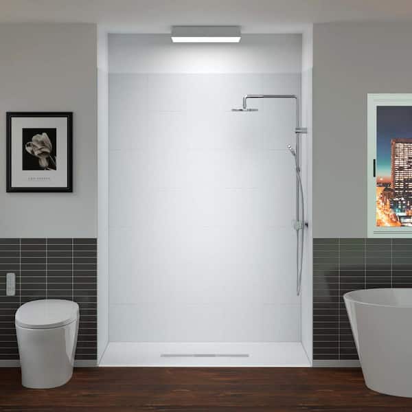 WOODBRIDGE 60 in. L x 32 in. W x 75 in. H 4-Pieces Alcove Shower Kit with Glue Up Shower Wall and Shower Pan in White/White-BN