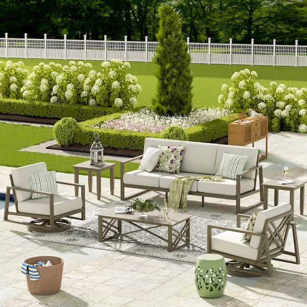 Hamarto 6-Piece Aluminum Patio Outdoor Swivel Conversation Set with Warm White Cushions Sofa