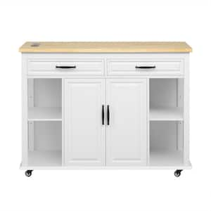 Rubber Wood Top 47.2 in. W Kitchen Island with Extendable Dining Table, Kitchen Table with Power Outlet in White