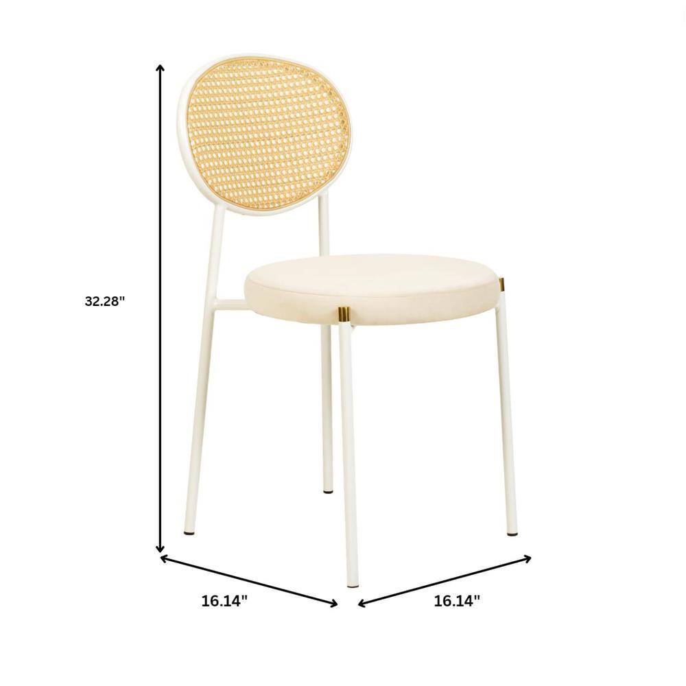 Beige Velvet Side Chair with Rattan Back and White Metal Frame