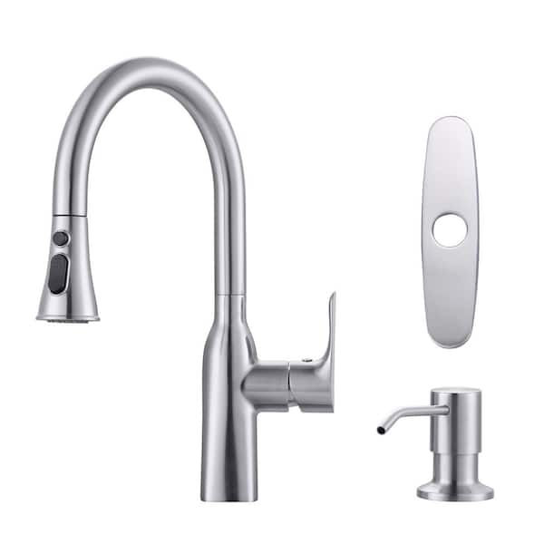 Single Handle Pull Down Sprayer Kitchen Faucet with Soap Dispenser in Brushed Nickel