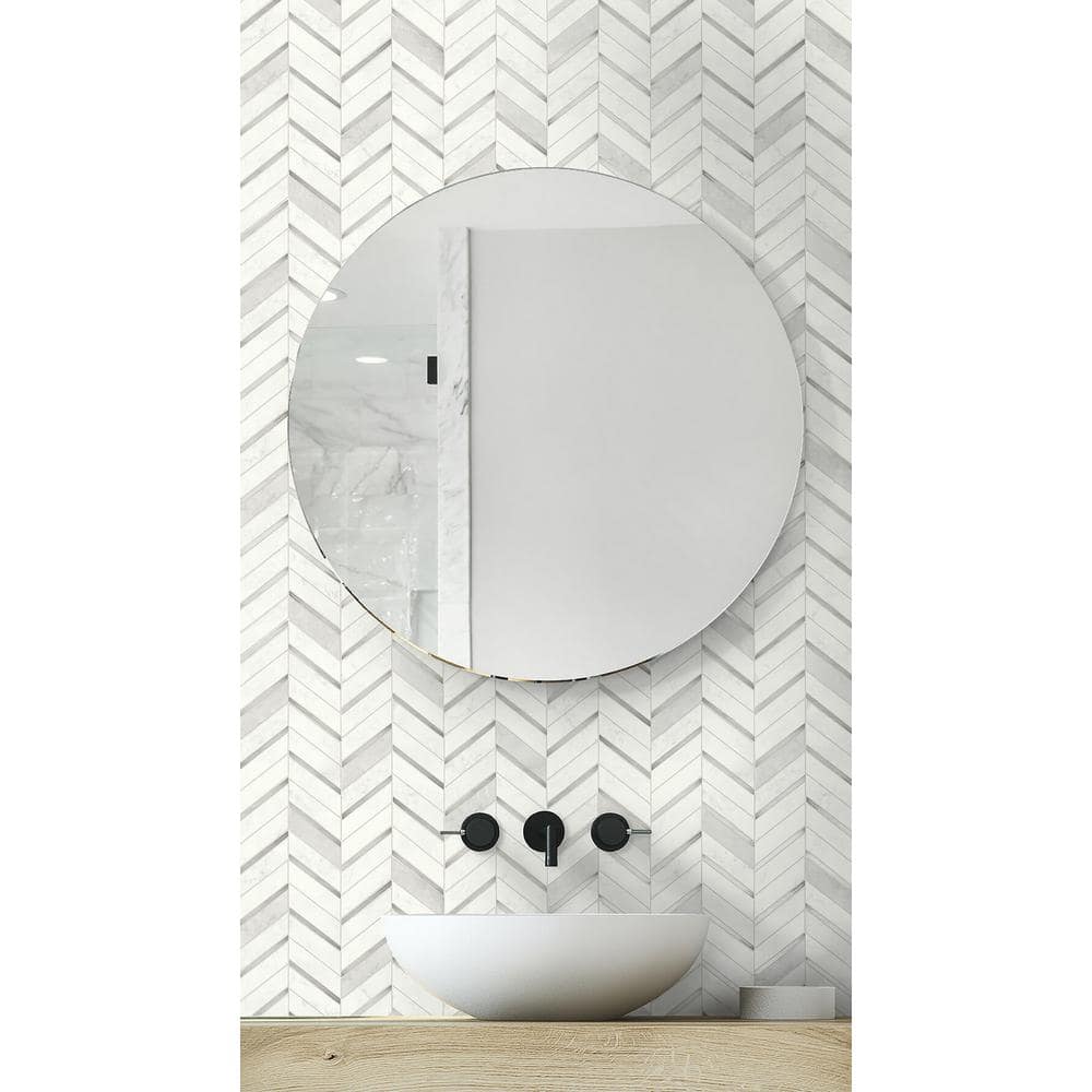 Chevron Marble Tile Peel and Stick Wallpaper in Metallic Silver & Pearl Gray