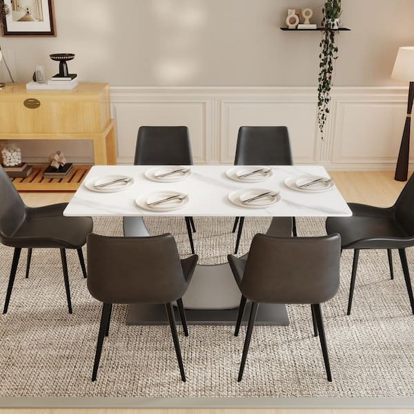 63 in. White Rectangular Sintered Stone Tabletop Dining Table Gunmetal Gray Pedestal Dining Table