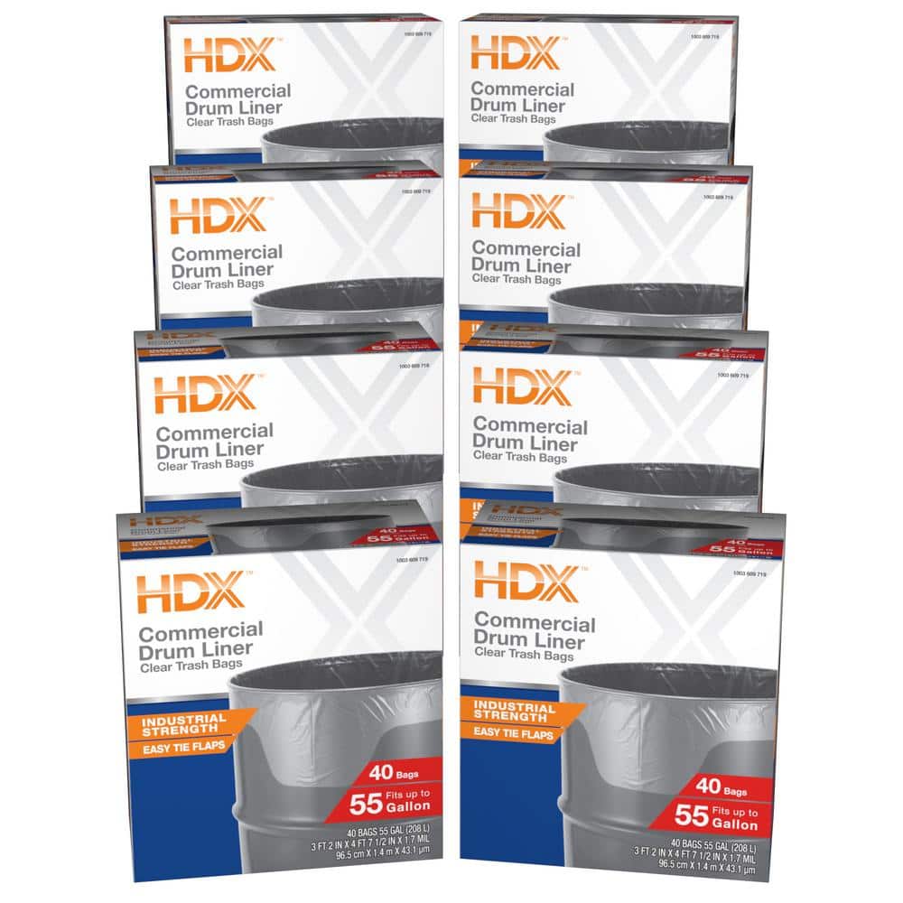 HDX 55 Gallon Clear Heavy-Duty Flap Tie Drum Liner Trash Bags 80-Count