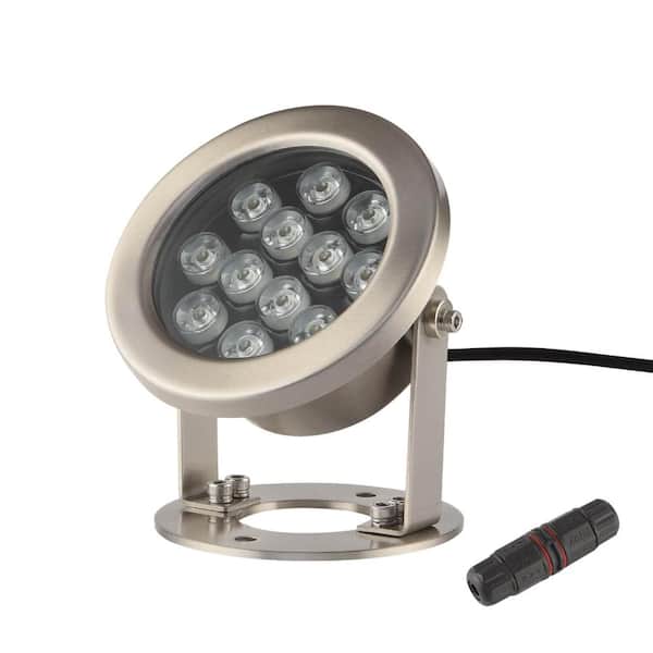 24W 5000K White Integrated LED Underwater Fountain Light with IP68 Connector, 12V Stainless Steel Outdoor