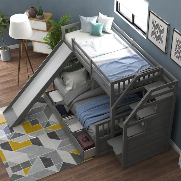Gray Twin over Full Bunk Bed with Drawers and Slide