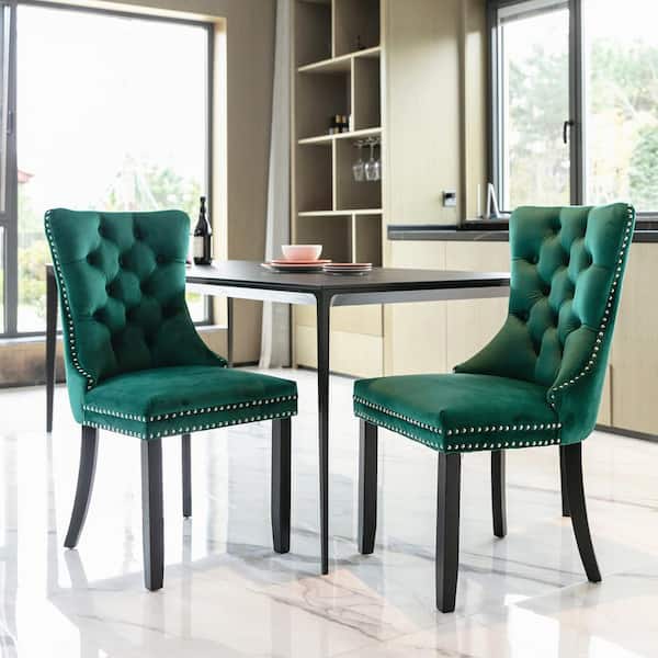 CSC DECOR INC Green Modern Velvet Upholstered Dining Chair Tufted Nailhead Trim Side Chair with Wood Legs Set of 2