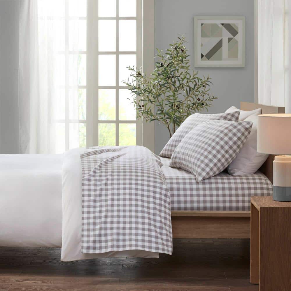 Twin Gray Herringbone Check Cotton Flannel Bedding Set