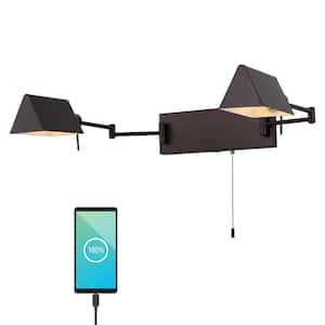 Arlo 54 in. 2-Light Oil Rubbed Bronze Farmhouse Industrial Double Swing Arm Iron LED Wall Sconce with Pull-Chain