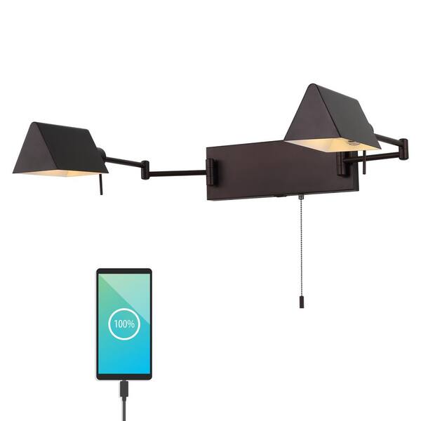JONATHAN Y Arlo 54 in. 2-Light Oil Rubbed Bronze Farmhouse Industrial Double Swing Arm Iron LED Wall Sconce with Pull-Chain