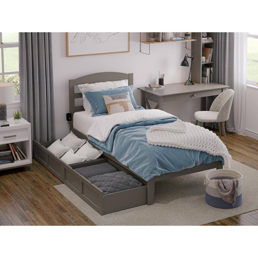 Gray Twin Platform Bed with Storage Drawers and Headboard