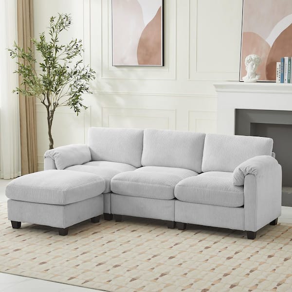 85.37 in. Corduroy Modular Rectangular Grey Sectional Sofa with Ottoman for Living Room and Spacious Space