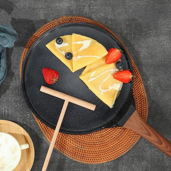 Wudkey 9.5 in. Black Crepe Pan with Spreader, Nonstick Aluminum