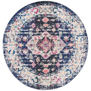 Madison Navy/Ivory 7 ft. x 7 ft. Geometric Border Floral Medallion Round Area Rug