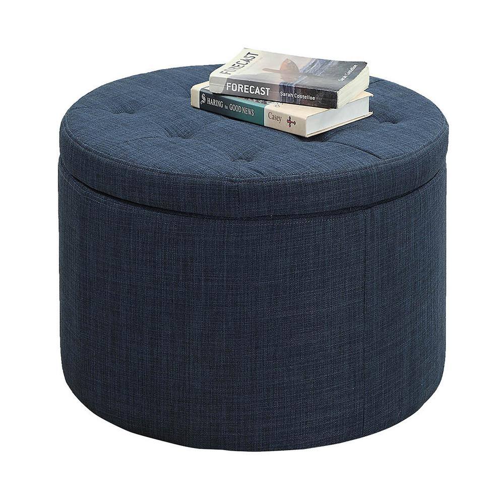Tufted Round Dark Blue Linen Shoe Storage Ottoman, 22"