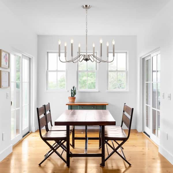 8-Light Nickel/Sliver Candle Design Hanging Linear Chandelier Lighting Ceiling Light for Kitchen Island