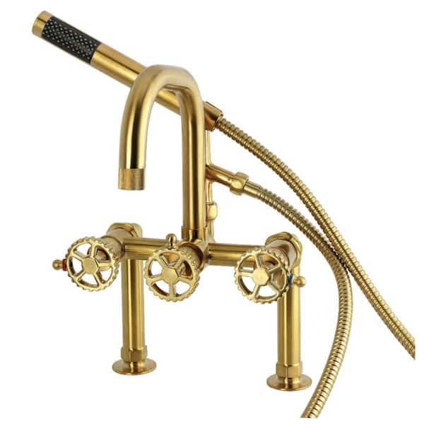 Fuller 3-Handle Deck-Mount Clawfoot Tub Faucet with Hand Shower in Brushed Brass