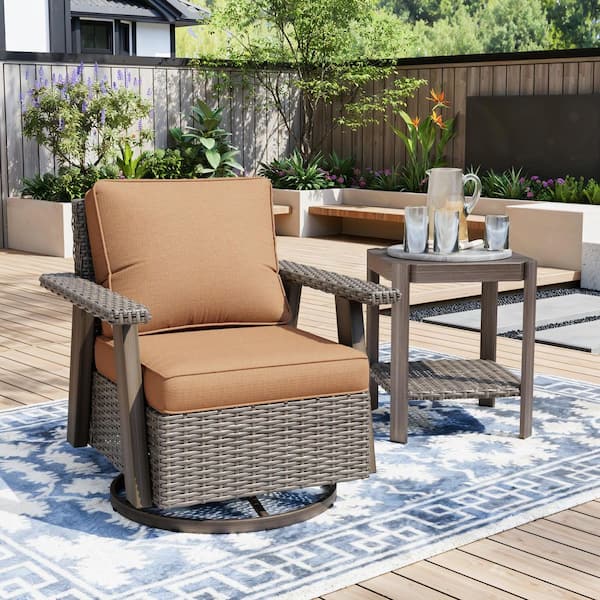 Beige Wicker Frame Outdoor Rocking Chair Patio Swivel Chair Lounge Chair with Tan Cushions and 1 Side Table