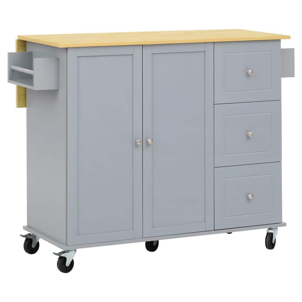52.7" Rolling Kitchen Island Cart, Drop Leaf, 3 Drawers, Adjustable Shelf, Spice Towel Rack, Grey Blue