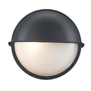 Mesa II 7 in. 1-Light Black Round Bulkhead Outdoor Wall Light Fixture with Ribbed Acrylic Shade
