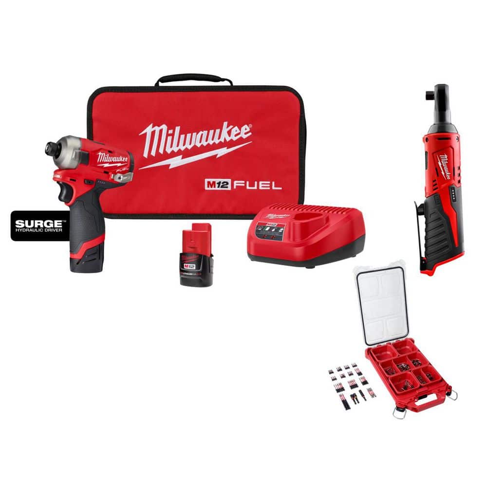 M12 FUEL SURGE 12V 1/4 in. Hex Impact Kit w/ (2) 2. 0Ah Batteries, Bag with M12 3/8 in. Ratchet with 100-Pc PACKOUT Set price history on PriceWatchPro