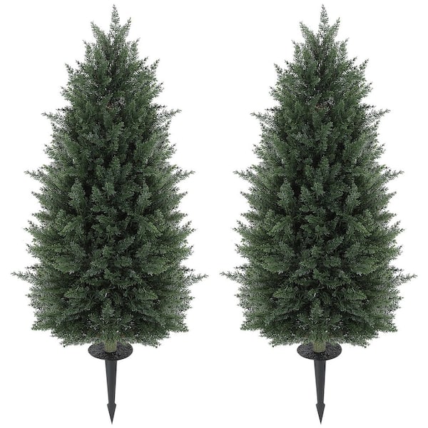 3.6 ft. Artificial Cypress Topiary Tree, Set of 2 Indoor Outdoor UV Resistant Faux Plants with Ground Stake for Garden