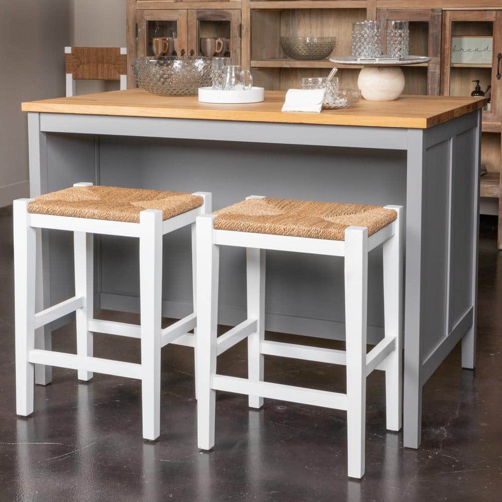 Willowbrook Matte White Mahogany and Seagrass Backless Counter Stool