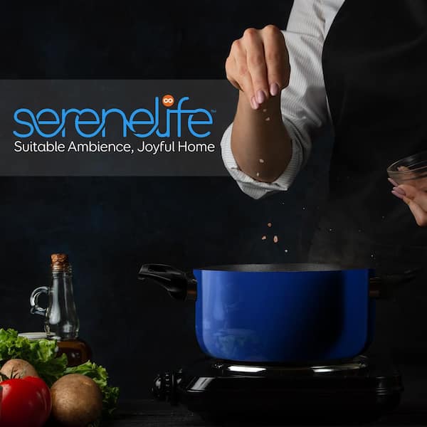 SereneLife 15 Piece Essential Home Heat Resistant Non Stick Kitchenware  Cookware Set w/ Fry Pans, Sauce Pots, Dutch Oven Pot, and Kitchen Tools,  Blue