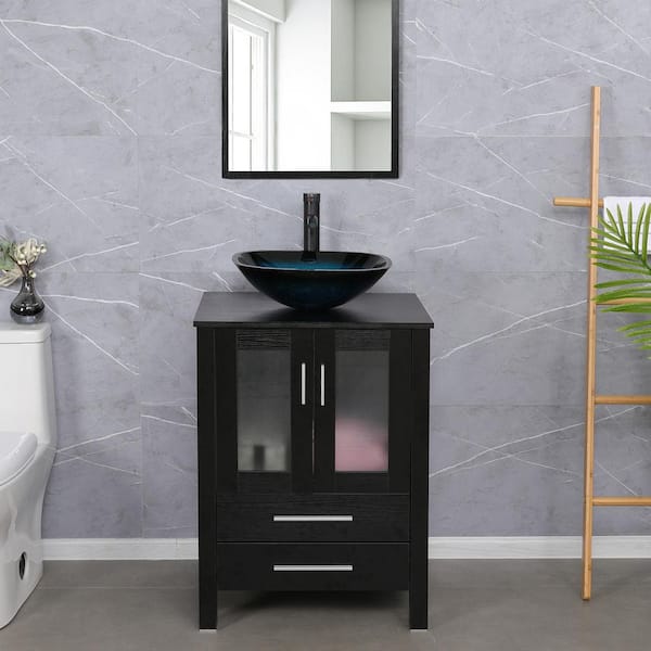 eclife 24 in. W x 20 in. D x 32 in. H Single Sink Bath Vanity in Black with Turquoise Glass Vessel Sink Top ORB Faucet Set