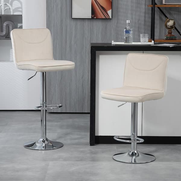 HOMEFUN 32 in. Swivel Adjustable Height Low Back Metal Frame Cushioned Bar Stool with Ivory Velvet Seat (Set of 2)