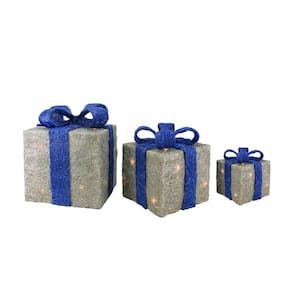 12 in. Christmas Outdoor Decorations Lighted Silver with Blue Bows Sisal Gift Boxes (3-Pack)