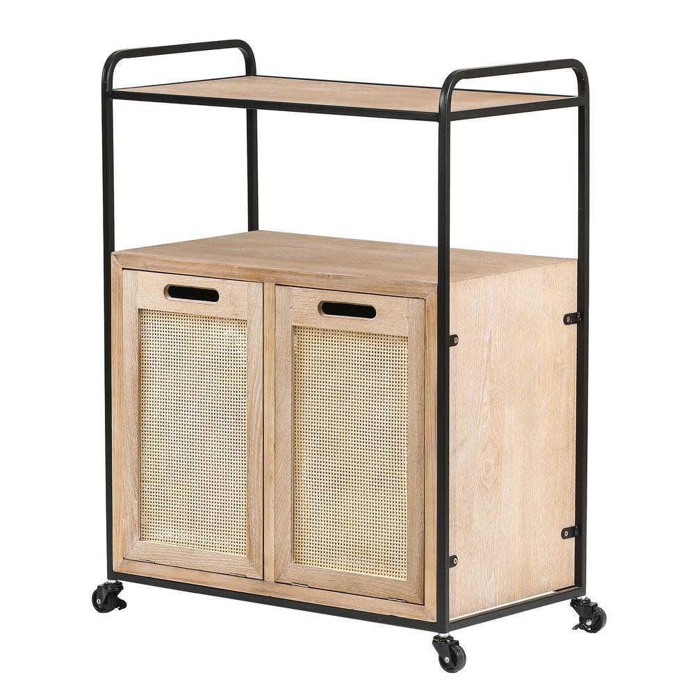 Natural Wood and Rattan Mobile Storage Cart with Wheels