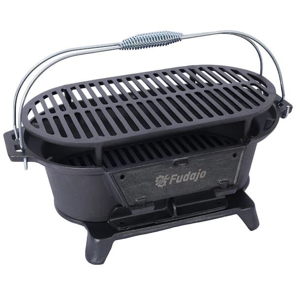 Portable Oval Cast Iron Outdoor Charcoal Grill, Tabletop Skillet in Black
