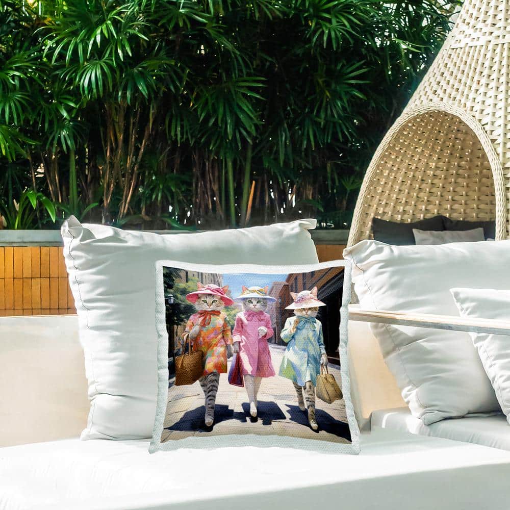 Cats Shopping in Town Multicolor Square Outdoor Throw Pillow