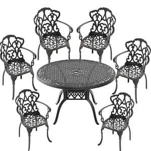 7-Piece Black Cast Aluminum Outdoor Dining Set, Patio Furniture with 47.24 in. Round Table and Random Color Cushions