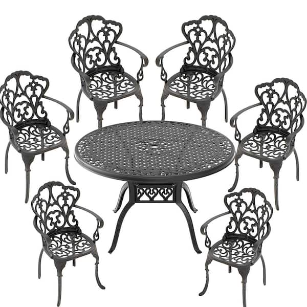 ToolCat 7-Piece Black Cast Aluminum Outdoor Dining Set, Patio Furniture with 47.24 in. Round Table and Random Color Cushions