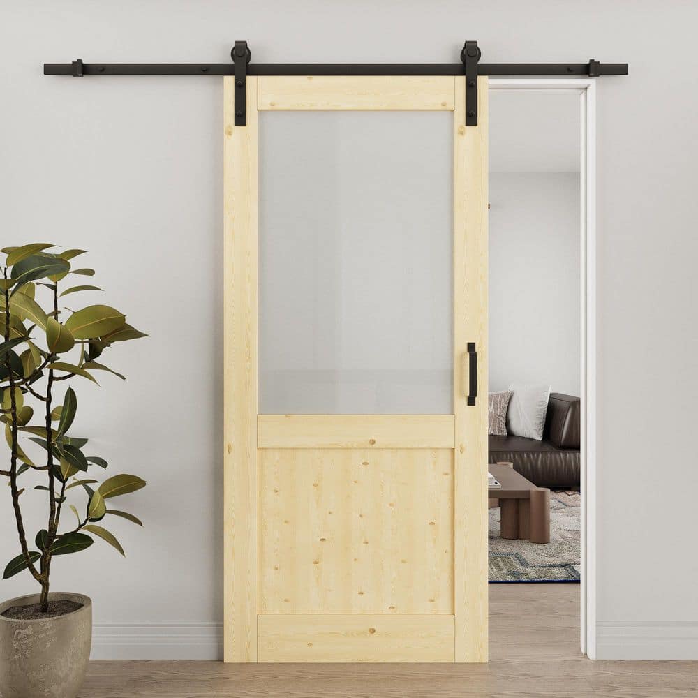 36 in. x 80 in. 1/2-Lite Frosted Glass Solid Core Unfinished Pine Wood Sliding Barn Door with Hardware Kit price history on PriceWatchPro