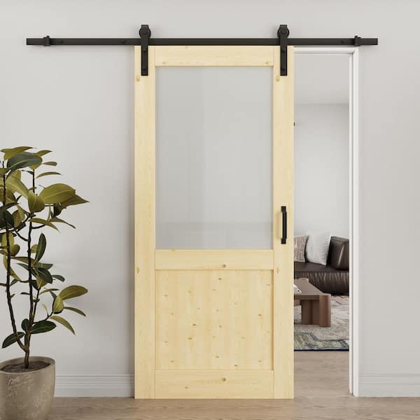 36 in. x 80 in. 1/2-Lite Frosted Glass Solid Core Unfinished Pine Wood Sliding Barn Door with Hardware Kit