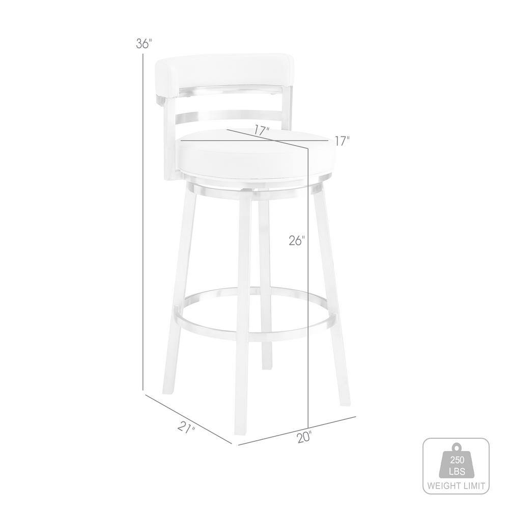 Luxe Swivel 26" White Faux Leather & Brushed Stainless Steel Barstool