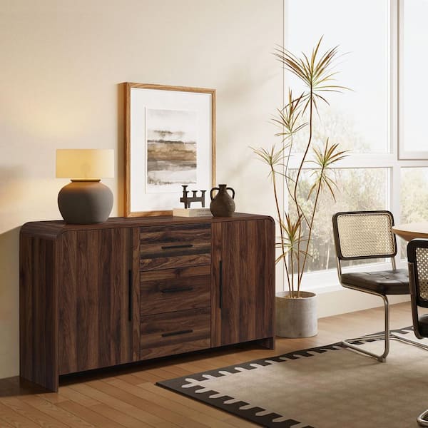 Modern Walnut Finish 31.69 in. Sideboard, Engineered Wood Storage Cabinet with Rounded Corners