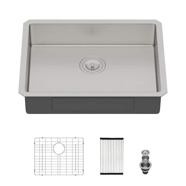 23 in. Undermount Single Bowl 16 Gauge Brushed Nickel Stainless Steel ADA-Compliant Kitchen Sink with Accessories