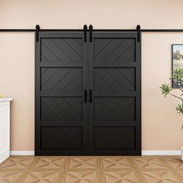 72 in. x 84 in. (Two 36 in. Slabs) Black 4 Lite Wave Shape Prefinished Sliding Barn Door with Hardware Kit
