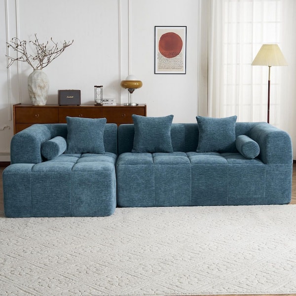 50.4 in. W Chenille Modular Couch Sectional Sofa in Blue with 2-Side Pockets