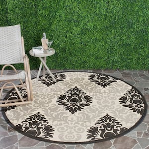 Courtyard Sand/Black 5 ft. x 5 ft. Round Floral Indoor/Outdoor Patio  Area Rug