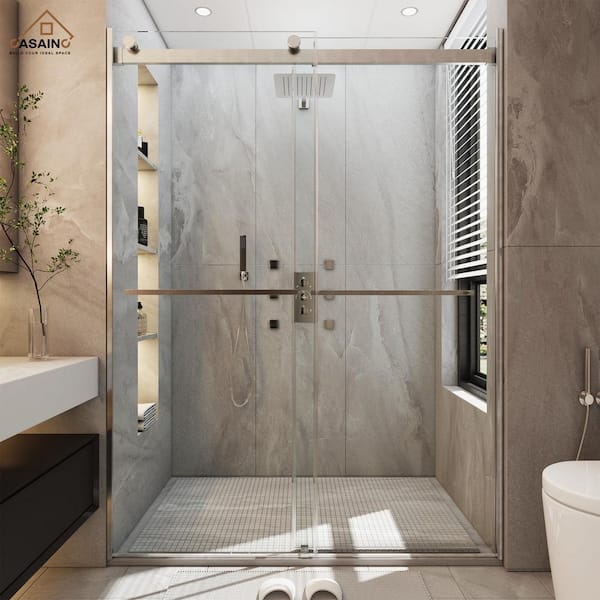 CASAINC 48 in. W x 76 in. H Frameless Double Sliding Shower Door in Matte Black with Clear Shower Glass