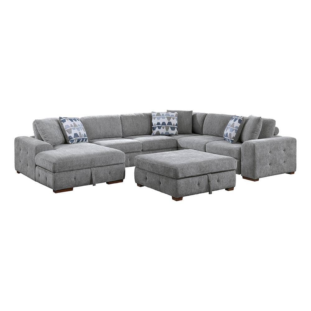 Laconia 143 in. Straight Arm 5-Piece Chenille Sectional Sofa in Gray with L