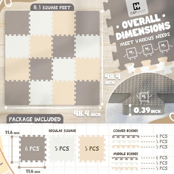 12 in. W x 12 in. L x 0.4 in. T Interlocking EVA Soft Foam Play Mat w/Borders Gym Flooring Mat Covers 16 sq. ft.