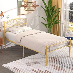 Twin Bed Frame, Gold Platform Bed No Box Spring Needed, Heavy Duty Steel Slats Support Bed
