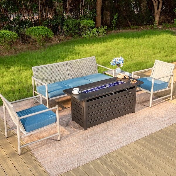 PHI VILLA Gray 4-Piece Metal Outdoor Patio Conversation Seating Set with 50000 BTU Fire Pit Table and Blue Cushions